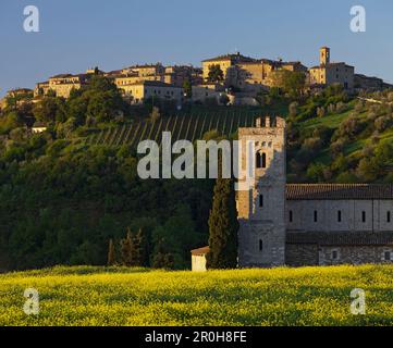 Abtei Sant Antimo mit Häusern im Hintergrund, Castel Dellabate, Toskana, Italien Stockfoto