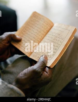 ERITREA, Asmara, die Hände von Abdullah Omar, die den Koran im Postamt von Asmara halten Stockfoto