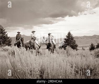 USA, Montana, Cowboys und Cowgirl, die auf Pferden sitzen, Gallatin National Forest, Emigrant (B&W) Stockfoto