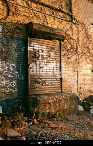 USA, Brooklyn, eine Laderampe bedeckt mit Graffiti bei Sonnenuntergang, Williamsburg Stockfoto