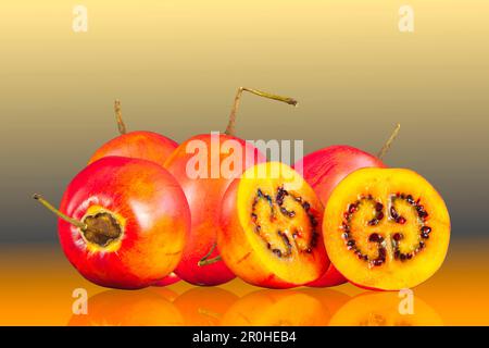 Baumtomaten, Tamarillo, Tomate de árbol (Cyphomandra betacea, Cyphomandra crassicaulis), Tamarillo-Früchte enthalten viele Vitamine und Mineralien Stockfoto