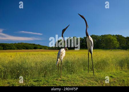 Landschaft in Muttental mit ausgestellten Metallskulpturen afrikanischer Tiere, Shona-Art, Deutschland, Nordrhein-Westfalen, Ruhrgebiet, Witten Stockfoto