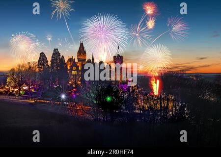 Feuerwerk über der farbenfrohen beleuchteten Burg Drachenburg in Sieben, Deutschland, Nordrhein-Westfalen, Siebengebirge, Königswinter Stockfoto