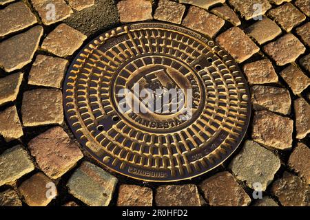 Schachtabdeckung mit Wappen und Kopfsteinpflaster, Hansestadt Wismar, Deutschland, Mecklenburg-Vorpommern, Wismar Stockfoto