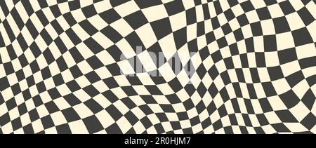 Komischer Schachbretthintergrund. Retro-Psychedelie-karierte Tapete. Wellige groovy Schachbrettoberfläche. Verzerrtes geometrisches Muster. Abstrakter Vektorhintergrund Stock Vektor