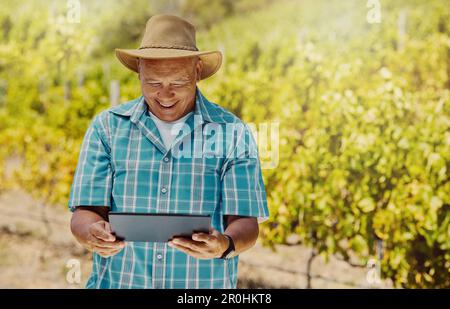 Lächelnder älterer gemischter Landwirt mit einem digitalen Tablet auf seinem Weinberg. Älterer hispanischer Mann, der allein steht und Technologie auf einer Weinfarm verwendet Stockfoto