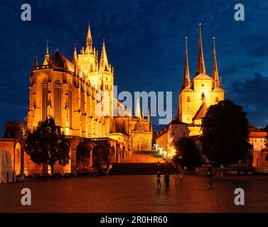Erfurter Dom und Severi-Kirche bei Nacht, Domplatz, Erfurt, Thüringen, Deutschland Stockfoto