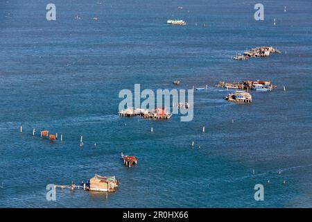 Luftaufnahme der Inseln in der Lagune von Venedig, Casone, Angelhütten auf Pfählen, Pellestrina, Mittelmeer, Veneto, Italien Stockfoto