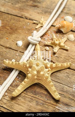 Muscheln und Seesterne mit Seil auf braunem Holzhintergrund Stockfoto