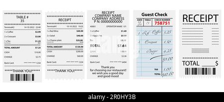 Abbildung: Papierprüfungen auf weißem Hintergrund, Collage. Bannerdesign Stockfoto