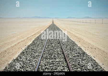 Bahngleise und endlose Reihen von Strommasten in der Wüste in der Nähe von Luderitz, Namibia, Afrika Stockfoto