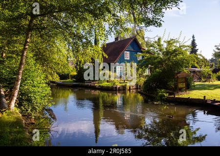 Haus am Ufer des Flusses, Spreewald, UNESCO-Biosphärenreservat, Brandenburg, Deutschland, Europa Stockfoto