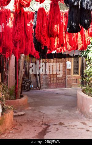 Frisch gefärbte Wolle zum Trocknen im Färberviertel in Marrakesch, Marokko Stockfoto