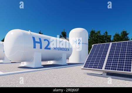 Solarenergiekollektoren und h2-Wasserstofftank auf dem Boden, 3D-Rendering Stockfoto