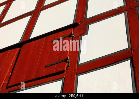 Fachwerkscheune mit roten Balken, Odershausen, Bad Wildungen, Hessen, Deutschland, Europa Stockfoto