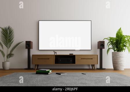 tv-Modell im Wohnzimmer, 3D-Rendering Stockfoto