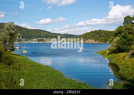 Edersee im Sommer mit Booten und Fischern an der Küste, Edersee, Hessen, Deutschland, Europa Stockfoto