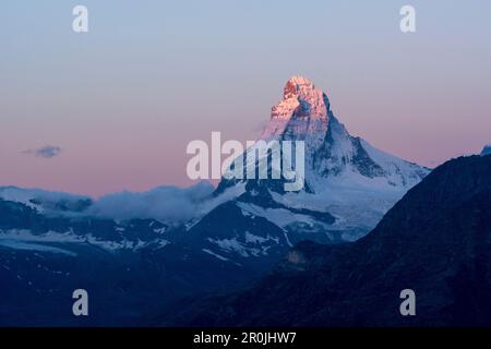 Der Gipfel des Matterhorns, der im Morgengrauen in sanftem Rosa leuchtet, Pennine Alps, Kanton Wallis, Schweiz Stockfoto