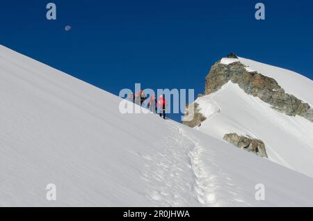 Eine Gruppe von Alpinisten auf dem Schneekamm des Hohlaub Ridge, die zum Gipfel des Allalinhorns aufsteigen, über ihnen der Mond, die Pennine Alps, der Kanton Vala Stockfoto