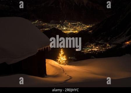 Ein weihnachtsbaum mit leuchtenden Lichtern vor einem Stall auf der Belalp, Lichter des Dorfes Blatten und der Stadt Brig im Tal, Pennine Stockfoto