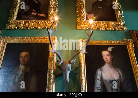 Hirschlampe und Gemälde im Landhaus Balfour Castle Hotel, Shapinsay Island, Orkney Islands, Schottland, Großbritannien Stockfoto