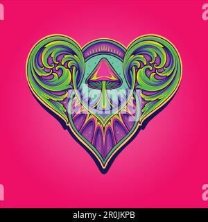 Magic Pilz mit psychedelischer Gravur herzförmige Illustrationen Vektor für Ihr Arbeitslogo, Merchandise-T-Shirt, Aufkleber und Etikettendesign Stock Vektor