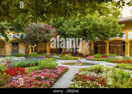 Innenhof mit Blumen und Springbrunnen, Espace van Gogh, ehemaliges Krankenhaus, Bildmotiv von Vincent van Gogh, Kulturzentrum, Arles, Bouches-du-Rhone, Stockfoto