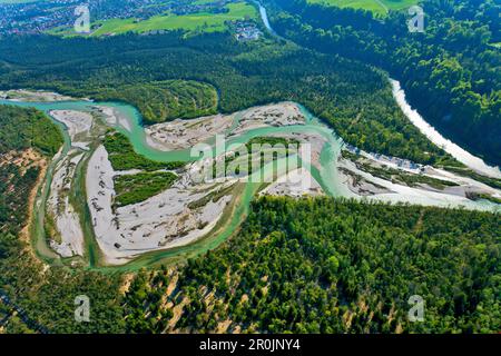 Luftaufnahme der Isar, Pupplinger Au, Bayern, Deutschland Stockfoto