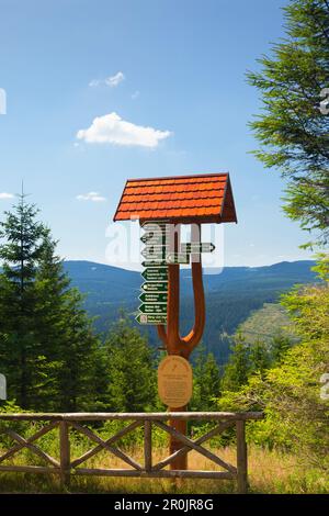 Wegweiser auf dem Wanderweg Goethe zum Kickelhahn-Hügel, in der Nähe von Ilmenau, Naturpark Thueringer Wald, Thüringen, Deutschland Stockfoto