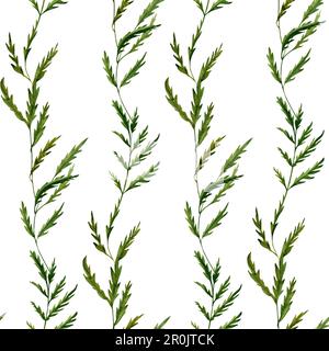 Nahtloses Muster mit handgezeichneten grünen Blättern in Aquarellfarben auf weißem Hintergrund. Stockfoto