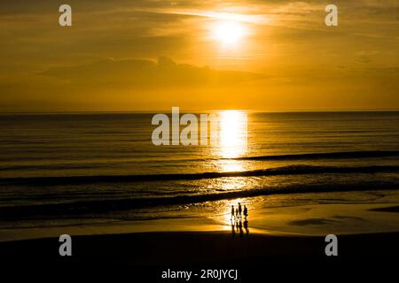4 Personen als Silhouette machen einen Strandspaziergang bei Sonnenaufgang am Atlantik, Daytona Beach, Florida, USA Stockfoto