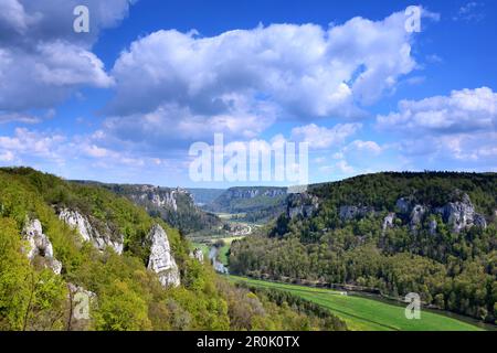 Blick auf das Schloss Werenwag vom Eichfelsen, Oberes Danubiatal, Baden-Württemberg, Deutschland Stockfoto
