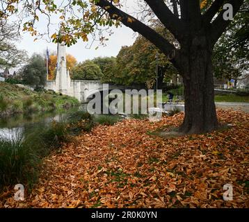 Brücke der Erinnerung, Fluss Avon und Herbstblätter entlang der Oxford Terrace im Zentrum von Christchurch, Neuseeland Stockfoto