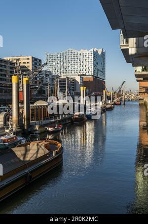 Hamburgs neue Elbphilharmonie und der Hafencity am Sandtorkai, moderne Architektur in Hamburg, Hamburg, Norddeutschland, Deutschland Stockfoto