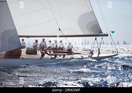 '12m Yacht ''Emilia'', Design von Attilio Costaguta 1930, klassische Segelregatta ''Les Voiles de St. Tropez', St. Tropez, Côte d'Azur, Frankreich' Stockfoto