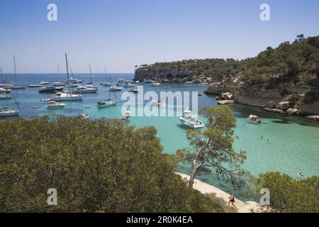 Yachten und Segelboote vor Anker in Cala Portals Vells Bay, Portals Vells, Mallorca, Balearen, Spanien Stockfoto