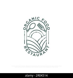 Bio Food Logo Design Vektor mit Linienart Stil, Natur gesunde Lebensmittel und Getränke Logo Inspiration Design Stock Vektor