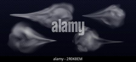 Staub-Wasser-Sprühvektor. Luftnebelraucheffekt auf transparentem Hintergrund isoliert. 3D Spritzer Pulverpartikel und abstraktes kosmetisches Tropfenset. Luftiger Wolkenduft Duft Dampf. Explosion durch Schießpistolen Stock Vektor