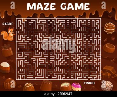Das Labyrinth-Labyrinth hilft Eichhörnchen, eine Schokolade zu finden. Brettspiel-Arbeitsblatt für Kinder mit Pfad, Beginn, Ende, Zeichentrickfigur und Schokoladendesserts und Süßigkeiten, pädagogisches Rätsel für Brettspiele Stock Vektor