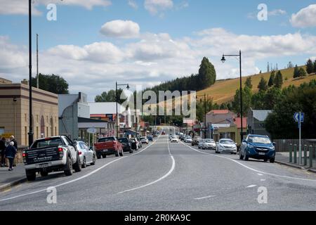 Alte Gebäude entlang der Hauptstraße, Ross Place, Lawrence, Otago, South Island, Neuseeland Stockfoto