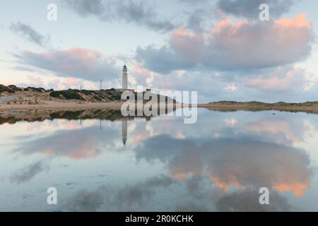 Leuchtturm, Wasserreflexion, Cabo de Trafalgar in der Nähe von Los Canos de Meca, in der Nähe von Vejer de la Frontera, Costa de la Luz, Atlantik, Provinz Cadiz, an Stockfoto