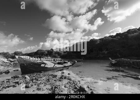 Schiffswrack, puerto pequero, im Fischereihafen, Cabo de Roche, nahe Conil, Costa de la Luz, Atlantik, Provinz Cadiz, Andalusien, Spanien, Europa Stockfoto