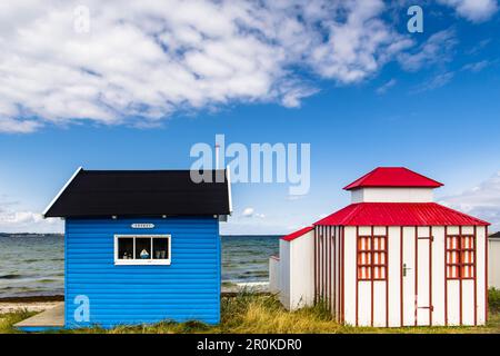 Strandhütten am Vester Beach, Aeroskobing, Isle of Aero, Dänemark Stockfoto