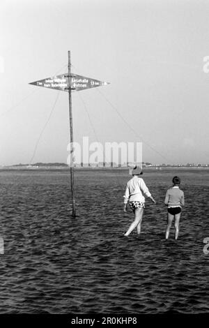 Badegästen spazieren im Watt bei Duhnen, Stadtteil von Cuxhaven, 1960. Badende, die in den Schlammgebieten bei Duhnen, Bezirk Cuxhaven, 1960, spazieren. Stockfoto