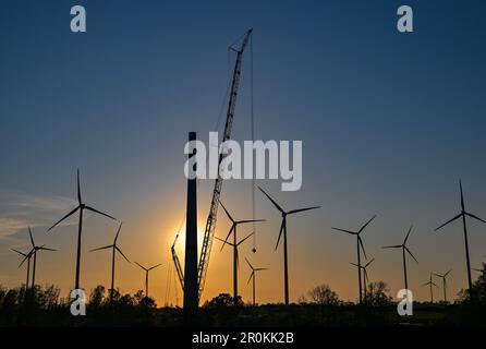 08. Mai 2023, Brandenburg, Jakobsdorf: Baustelle für eine neue Windturbine. Die neue Turbine wird eines Tages eine Nabenhöhe von etwa 170 Metern haben. Derzeit werden hier sieben neue Turbinen gebaut. Nach Angaben des Bundesverbands WindEnergie e.V. (Deutscher Windenergieverband) liegt der Bundesstaat Brandenburg an zweiter Stelle unter den Bundesländern mit der größten installierten Kapazität von Windkraftanlagen. Somit wird etwa ein Drittel des Strombedarfs aus Windenergie erzeugt. Mit über 7.864 MW (Megawatt) der installierten Gesamtleistung liegt Brandenburg heute nach Niedersachsen an zweiter Stelle. Foto: Pat Stockfoto