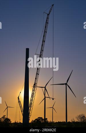 08. Mai 2023, Brandenburg, Jakobsdorf: Baustelle für eine neue Windturbine. Die neue Turbine wird eines Tages eine Nabenhöhe von etwa 170 Metern haben. Derzeit werden hier sieben neue Turbinen gebaut. Nach Angaben des Bundesverbands WindEnergie e.V. (Deutscher Windenergieverband) liegt der Bundesstaat Brandenburg an zweiter Stelle unter den Bundesländern mit der größten installierten Kapazität von Windkraftanlagen. Somit wird etwa ein Drittel des Strombedarfs aus Windenergie erzeugt. Mit über 7.864 MW (Megawatt) der installierten Gesamtleistung liegt Brandenburg heute nach Niedersachsen an zweiter Stelle. Foto: Pat Stockfoto