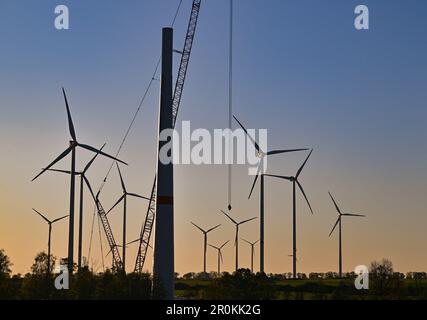 08. Mai 2023, Brandenburg, Jakobsdorf: Baustelle für eine neue Windturbine. Die neue Turbine wird eines Tages eine Nabenhöhe von etwa 170 Metern haben. Derzeit werden hier sieben neue Turbinen gebaut. Nach Angaben des Bundesverbands WindEnergie e.V. (Deutscher Windenergieverband) liegt der Bundesstaat Brandenburg an zweiter Stelle unter den Bundesländern mit der größten installierten Kapazität von Windkraftanlagen. Somit wird etwa ein Drittel des Strombedarfs aus Windenergie erzeugt. Mit über 7.864 MW (Megawatt) der installierten Gesamtleistung liegt Brandenburg heute nach Niedersachsen an zweiter Stelle. Foto: Pat Stockfoto