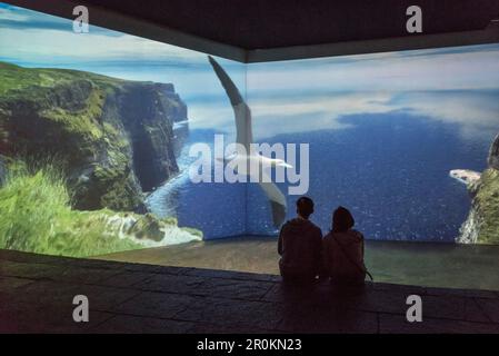 Besucher des Schleppnetzes sehen eine animierte Einführung in die Cliffs of Moher im Besucherzentrum, County Clare, Irland, Europa Stockfoto