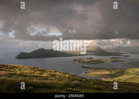 Blick auf die umliegende Küste und Inseln von Geokaun Mountain, Valentia Island, County Kerry, Irland, Wild Atlantic Way, Europa Stockfoto