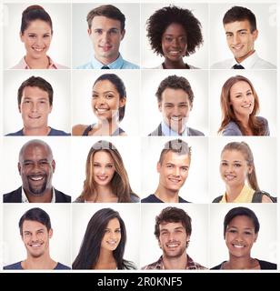 Porträt, Gesichtscollage oder Porträt von glücklichen Menschen in einer mulitkulturellen Gruppe mit Vielfalt. Studiomontage, Studentenschülerin oder Männermosaik Stockfoto